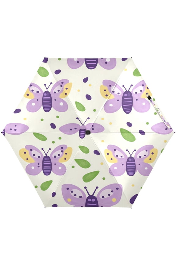 Purple Butterfly Pattern Umbrellas for Sun Auto Open Close UV50+ Waterproof 5-Fold Compact Fiberglass Frame