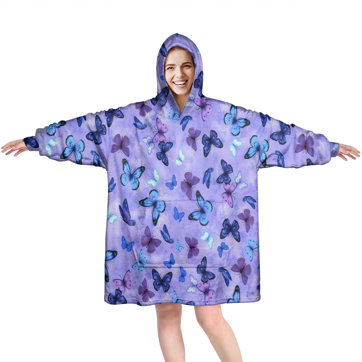 Purple Butterfly Pattern Wearable Oversized Blanket,Wearable Blanket Hoodie for Adults,Cozy Hooded Blankets with Super Pockets,Super Warm Fuzzy Pullover for Women & Men