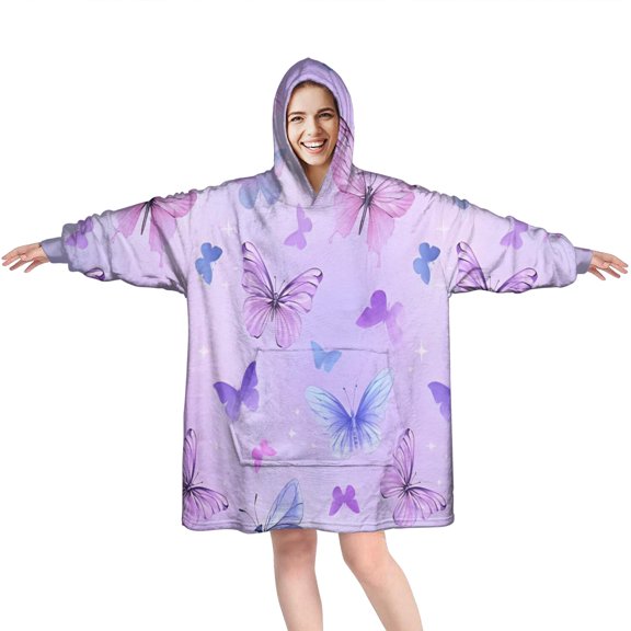 Purple Butterfly Pattern Wearable Oversized Blanket,Wearable Blanket Hoodie for Adults,Cozy Hooded Blankets with Super Pockets,Super Warm Fuzzy Pullover for Women & Men