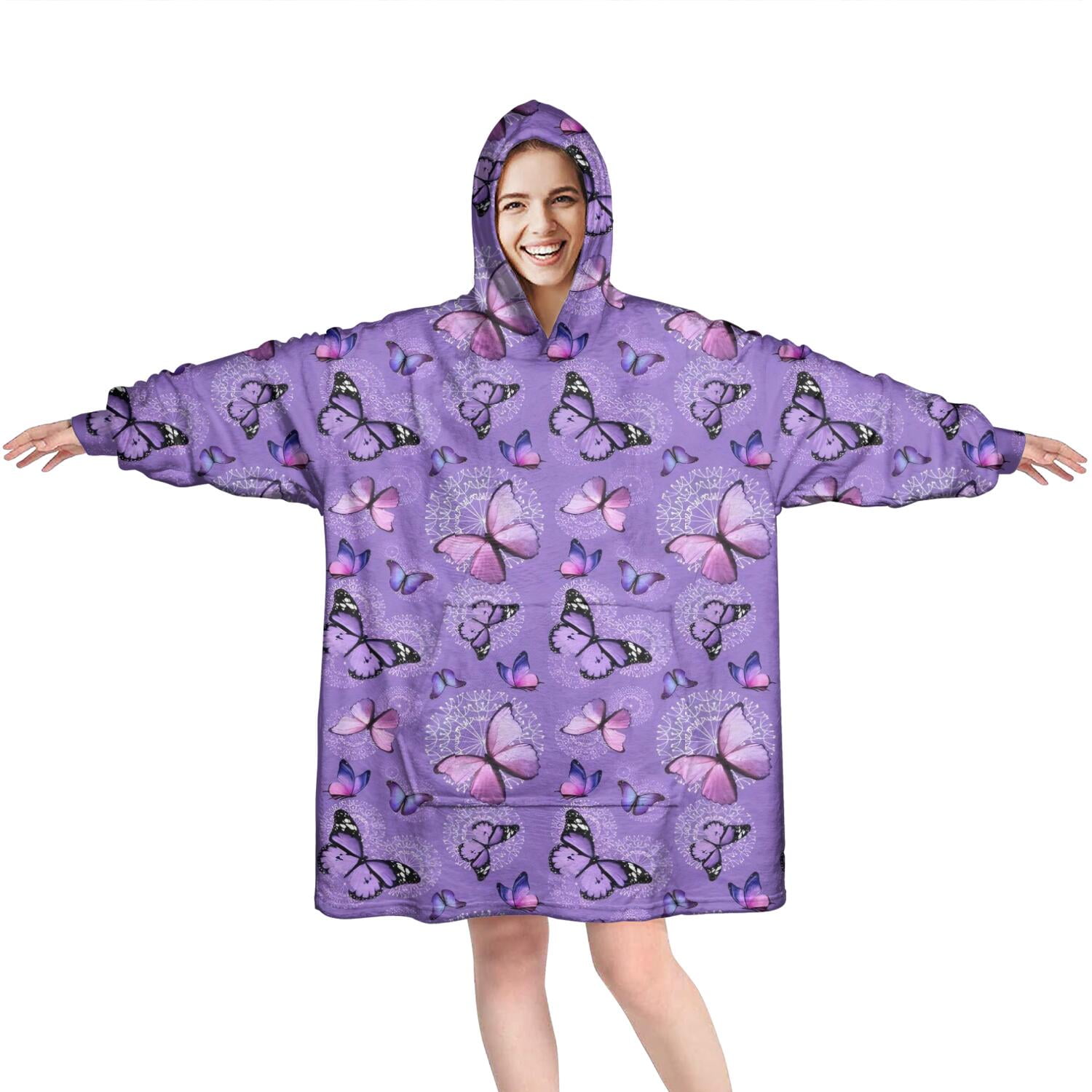 Purple Butterfly Pattern Wearable Oversized Blanket,Wearable Blanket Hoodie for Adults,Cozy Hooded Blankets with Super Pockets,Super Warm Fuzzy Pullover for Women & Men