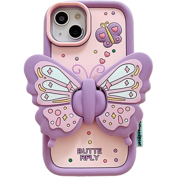 Purple Butterfly Phone Case Compatible with iPhone 13, Cute 3D Korea Dopamine Butterfly Case with Butterfly Wings Folding Stand Shockproof Silicone Soft Case