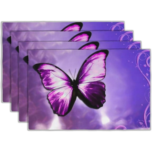Purple Butterfly Placemats Set of 4 Magical Butterfly Placemats Linen Washable Place Mats Rectangular Cloth Table Mat for Party Kitchen Dining Decoration Indoor Outdoor, 12x18 inch