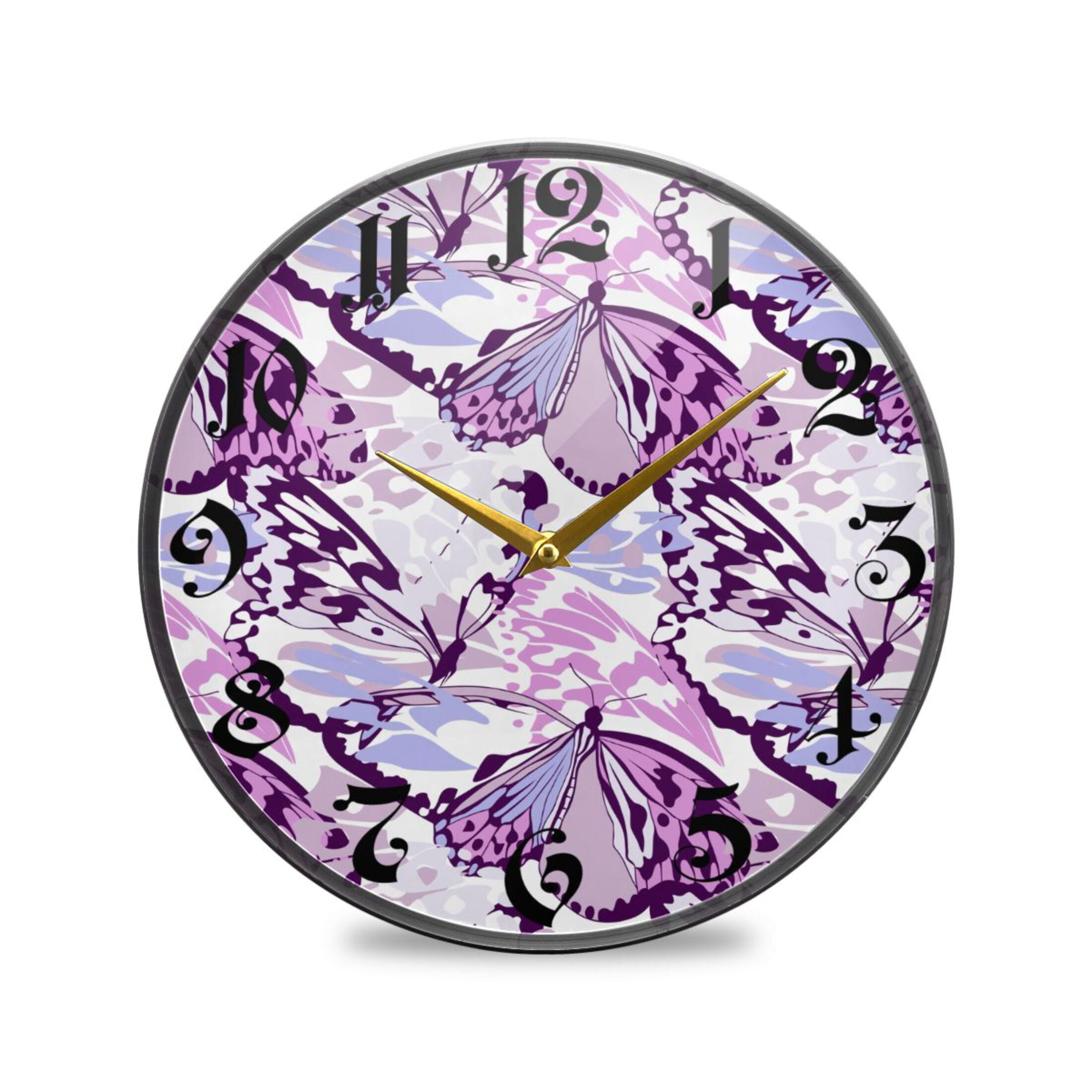 Purple Butterfly Print Acrylic Wall Clocks Quiet Round Clock Battery ...