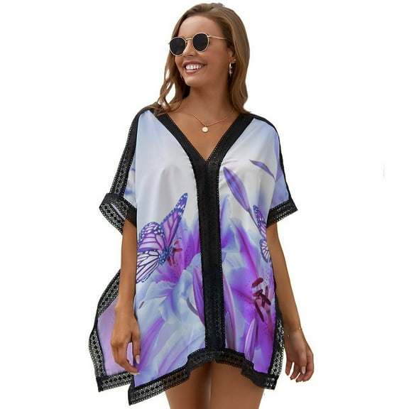 Purple Butterfly Printed Women's Swimsuit Cover Up Summer Swimsuit Dress