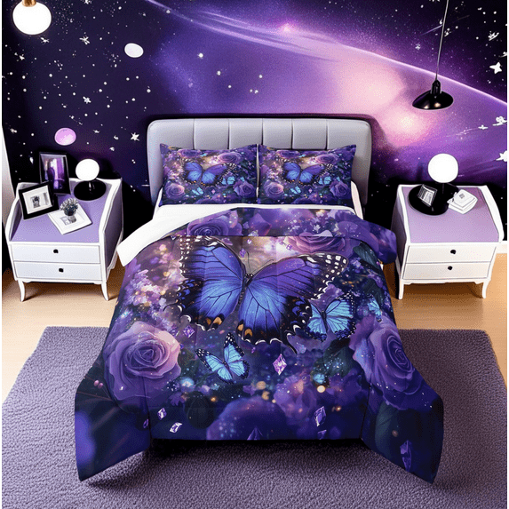 Purple Butterfly Queen Comforter Set Rose Flower Print Woman Adult Bedding Set,Galaxy Glitter Decor Down Comforter,Floral Leaf Bed Set