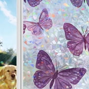 Purple Butterfly Rainbow Window Privacy Film, Cartoon Cute Style Stained Glass Window Film, Sun Blocking Glass Clings Static Cling Non Adhesive Door Stickers 17.7 x 39.3 Inches