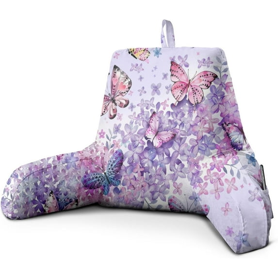 Purple Butterfly Reading Pillow, Backrest Pillows for Sitting in Bed with Removable Washable Cover, Back Support Husband Pillow with Arms for Bed and Couch