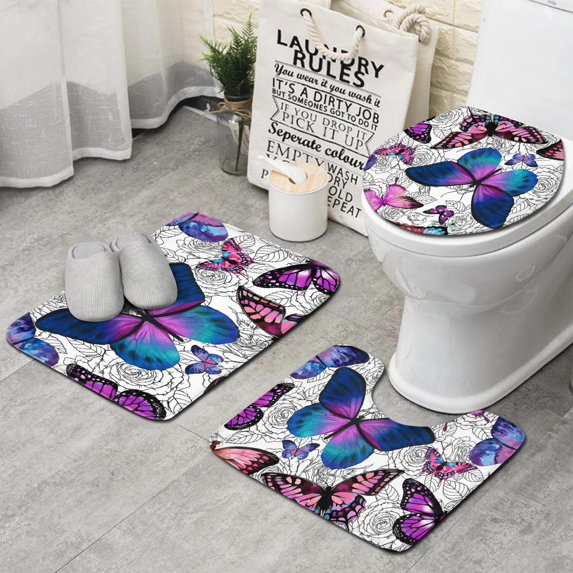 Purple Butterfly Rose Pattern Bathroom Rugs Sets 3 Piece,Toilet Cover Set,Absorbent Non Slip Bathroom Mats Sets with U-Shaped Contour Rug Toilet Rug Set