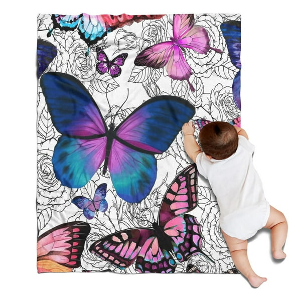 Purple Butterfly Rose Pattern Blanket,Comfortable Soft Flannel Throw Blanket,All Season,Warm Lightweight Blankets for Sofa Bed Couch Living Room Chair,30"x40"