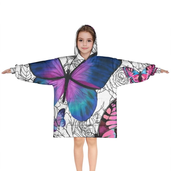 Purple Butterfly Rose Pattern Blanket Hoodies for Kids 6-13YR Oversize Wearable Blanket Hoodies for Boys Girls Teens