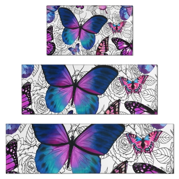 Purple Butterfly Rose Pattern Kitchen Rugs Sets Of 3,Kitchen Runner Rugs Non Skid Washable,Decorative Kitchen Floor Mats for Kitchen,Sink,Laundry,17"x30"+ 17"x47" + 17"x59"