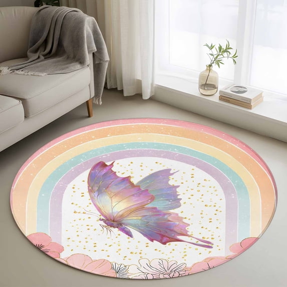 Purple Butterfly Round Area Rug 4ft, Cute Rainbow Spring Floral Botanical Washable Non-Slip Circle Rugs for Bedroom Living Room Kitchen, Soft Non Shedding Circle Carpet for Dining Room Dorm