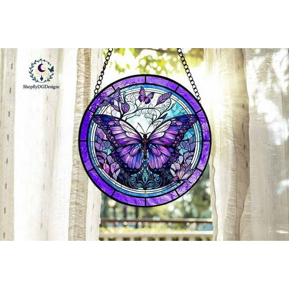 Purple Butterfly Round Suncatcher – Stained Glass Acrylic or Glass Window Hanging, Colorful Garden Decor 1898596163
