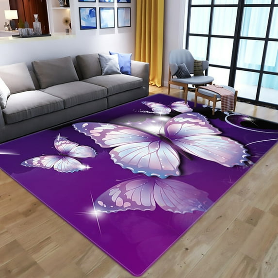 Purple Butterfly Rug Fantasy Butterflies Printed Area Rugs For Playroom Rug Kids Living Room Bedroom Home Non-Slip Large Carpets 5' x 6'