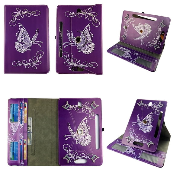 Purple Butterfly for Samsung Galaxy Tab E/3 Lite 7-inch Tablet Case Universal Android Cases 360 Rotating Folio Stand Protector Pu Leather Cover Travel e-reader Card Cash Slots Multiple Viewing Angles