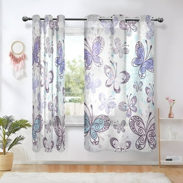 Purple Butterfly Semi Sheer Curtains 2 Panels Faux Linen Voile Sheer Drapes for Office Living Room 63x52in
