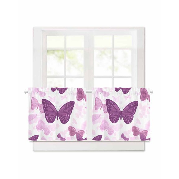 Purple Butterfly Short Blackout Curtains 45 Inch Long Pink Bug Modern Art Cartoon Style Rod Pocket Kitchen Curtains, 2 Panels Thermal Insulated Room Darkening Drapes for Bedroom, 42"W x 45"L