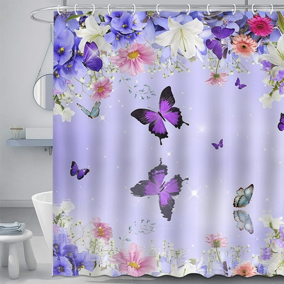Purple Butterfly Shower Curtain Spring Floral Bathroom Curtain Waterproof Flower Curtain for Shower with 12 Hooks 72x72 Inches
