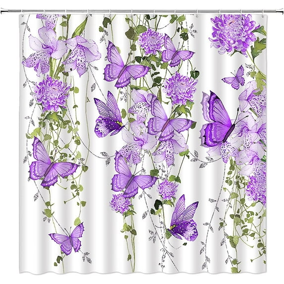 Purple Butterfly Shower Curtains Watercolor Butterflies Rustic Floral Spring Vine Nature Garden Woman Fabric Home Bathroom Decor Set with Hook（36" WX70 H）