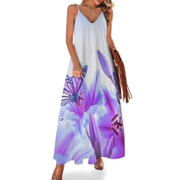 Purple Butterfly Sleeveless Dress Women's Evening Dress Womans Clothing