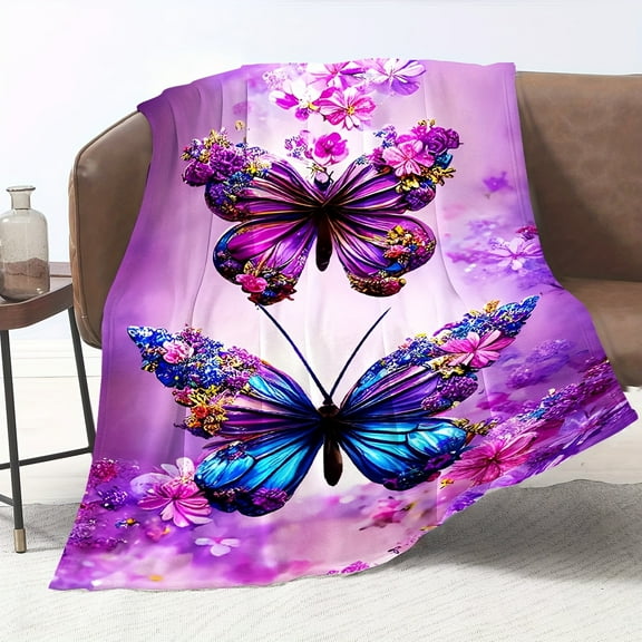 Purple Butterfly Soft And Comfortable Two Piece Purple Butterfly Flannel Print Blanket Modern Style Blanket Travel Sofa Bed Office Home Decoration Birthday Gift Blanket