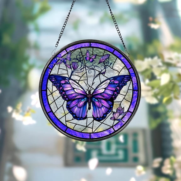 Purple Butterfly Stained Glass SunCatcher Butterfly Light Catcher Window Hanging Butterfly with Flowers Garden Decor, Mother's Day Gift