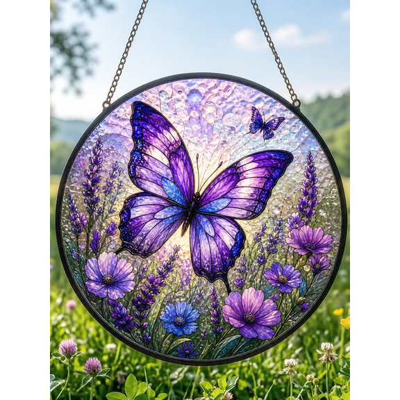 Purple Butterfly Suncatcher Window Hanging, Stained Glass Circle Gift for Transformation
