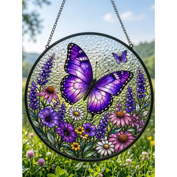Purple Butterfly Suncatcher Window Hanging, Stained Glass Style Summer Garden Decor