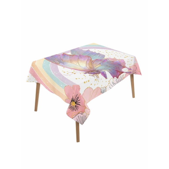 Purple Butterfly Table Cloth, Waterproof Tablecloth for Rectangle Tables, Cute Rainbow Spring Floral Botanical Reusable Washable Fabric Table Cover for Restaurant Kitchen Dining Tables 60"x102"