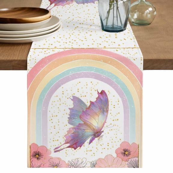 Purple Butterfly Table Runner, Cute Rainbow Spring Floral Botanical Washable Cotton Linen Table Runners 36 Inches Long, Dresser Scarf Runner for Nightstand/End Tables/Round Tables 13''x36''