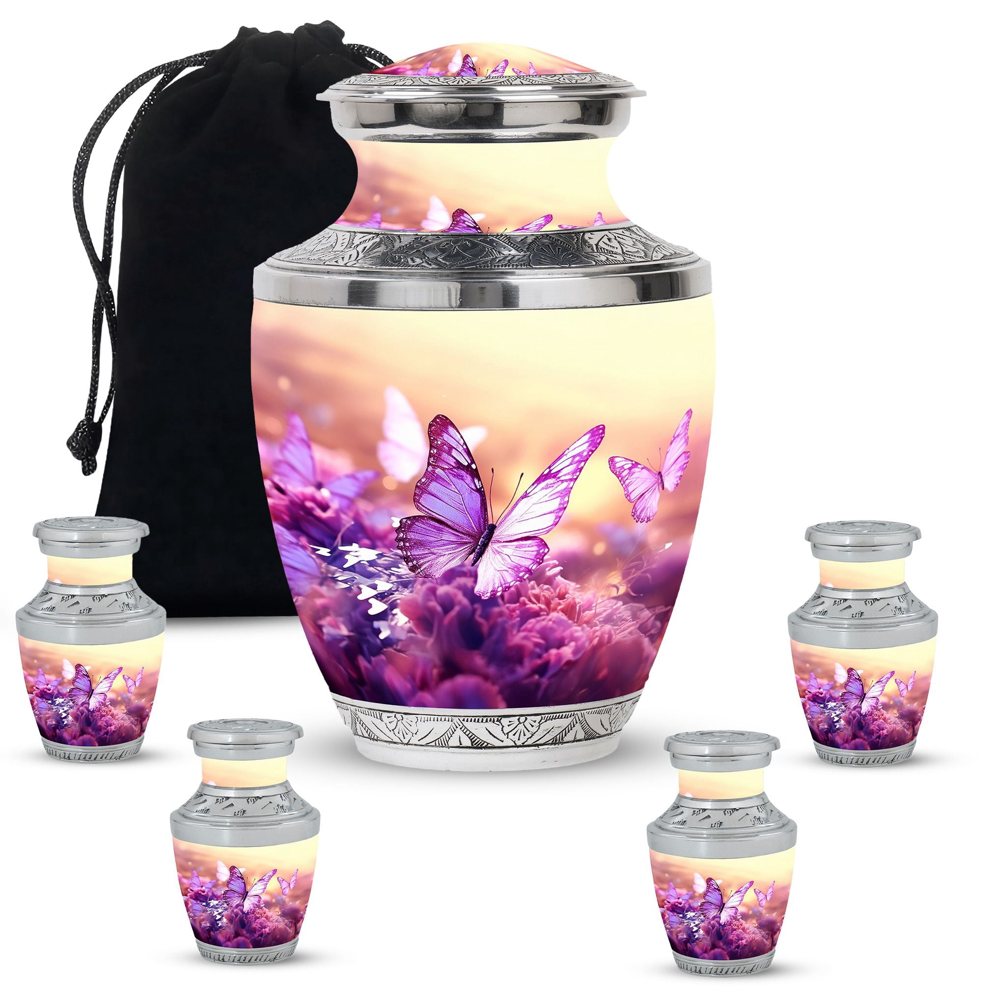 Purple Butterfly Unique Urns For Human Ashes Adult Father - Memorial Small Urn For Ashes Adult Women - Large Burial Gifts For Decorative Combo 10Inch 200Lbs And 3Inch 4 Keepsake