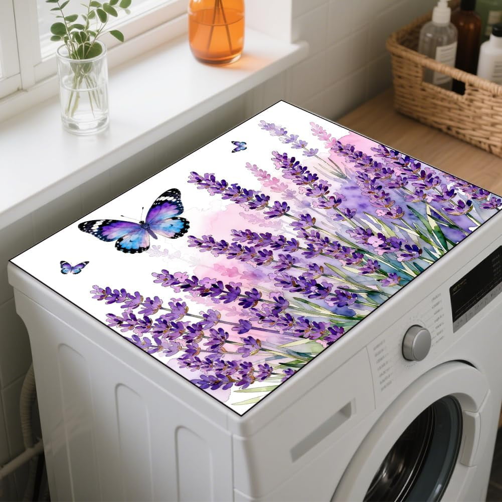 Purple Butterfly Washer Dryer Dust Cover 23.6×19.69inch Lavender Washing Machine Top Protector Pads Non Slip Washing Machine Top Covers