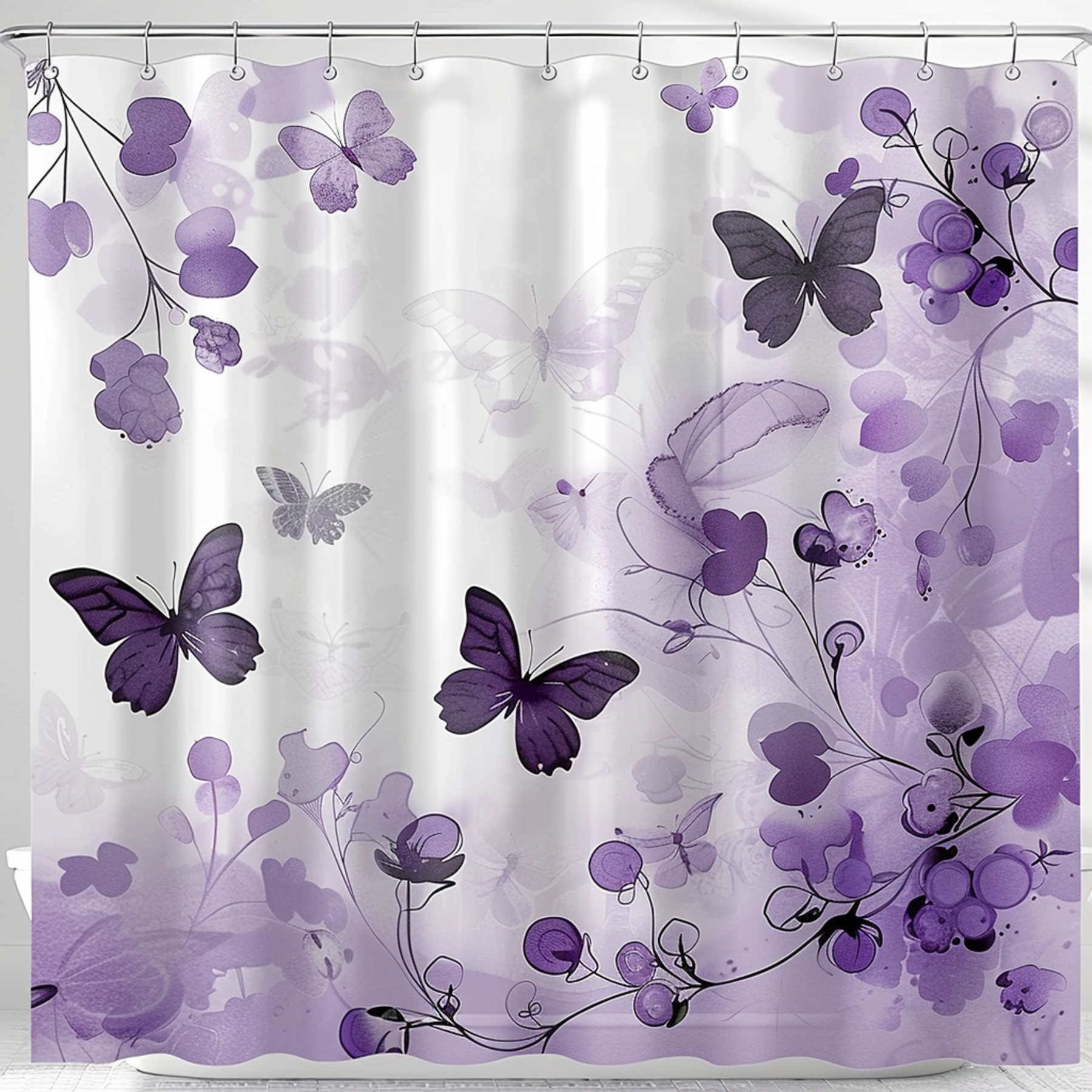 Purple Butterfly Watercolor Shower Curtain Elegant Design with Black ...