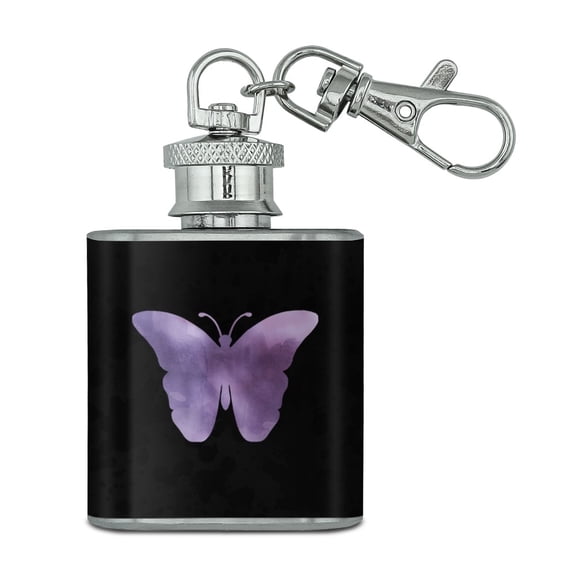 Purple Butterfly Watercolor Silhouette Stainless Steel 1oz Mini Flask Key Chain