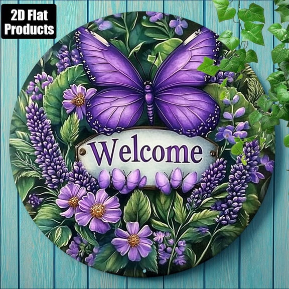 Purple Butterfly Welcome Wall Art, Lavender Floral Wreath Round Plaque for Front Door Decor, 1pc, 8" Aluminum Sign, Metal Signs, Wall Decor For Kitchen, Door, Office, Room, Home Decor, Ideal Gift
