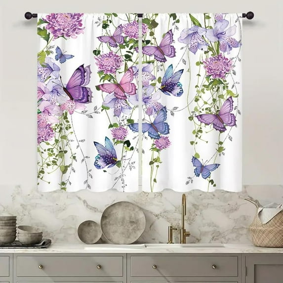 Purple Butterfly Window Curtains 26W X 24L Inches 2 Panels Rod Pocket Spring Floral Lavender Curtains Lilac Summer Leaves Plant Girly Window Drapes Treatment Living Room Bedroom Home Decor
