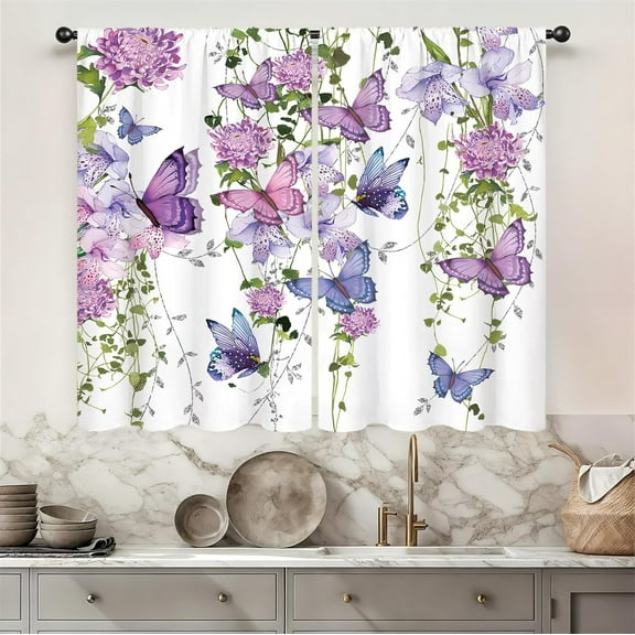Purple Butterfly Window Curtains 26W X 36L Inches 2 Panels Rod Pocket Spring Floral Lavender Curtains Lilac Summer Leaves Plant Girly Window Drapes Treatment Living Room Bedroom Home Decor