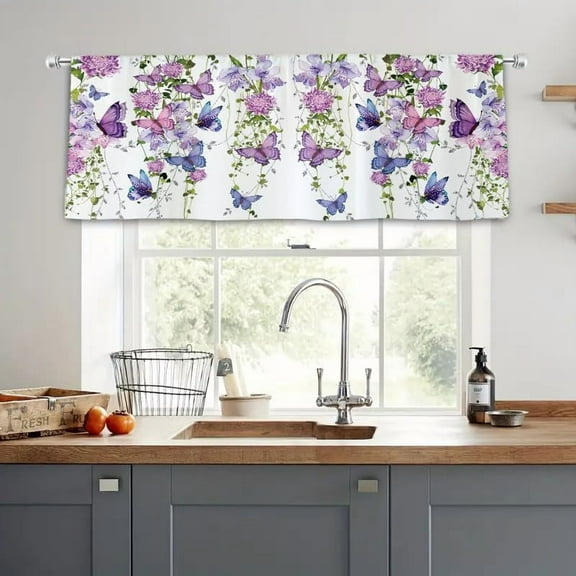 Purple Butterfly Window Curtains 52W X 18L Inches Valance Rod Pocket Spring Floral Lavender Curtains Lilac Summer Leaves Plant Girly Window Drapes Treatment Living Room Bedroom Home Decor