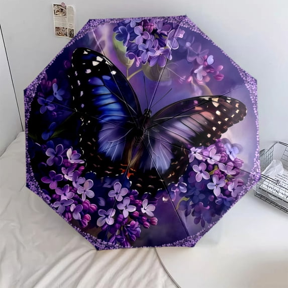 Purple Butterfly and Lilac Flowers Print Automatic Folding Umbrella ...