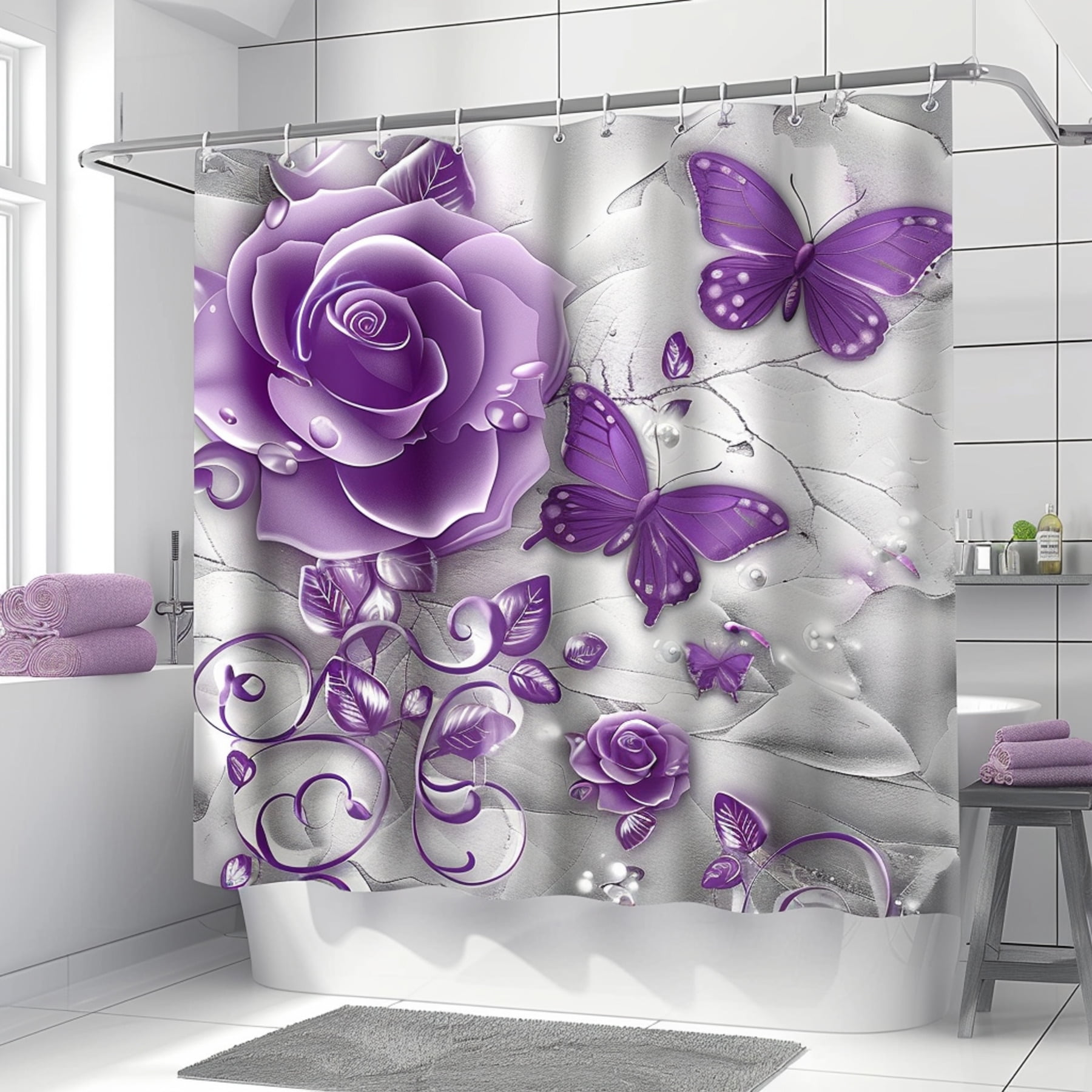 Purple Butterfly and Roses Bathroom Decor Shower Curtain Hyper