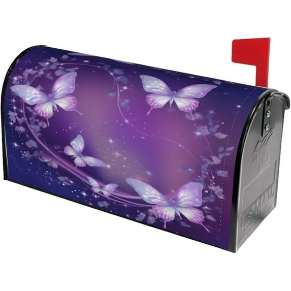 Purple Butterfly with Glowing Firework and Sparkle Star Mailbox Covers Magnetic Post Box Cover Wraps Standard Size 21x18 Inches for Garden Yard Decor