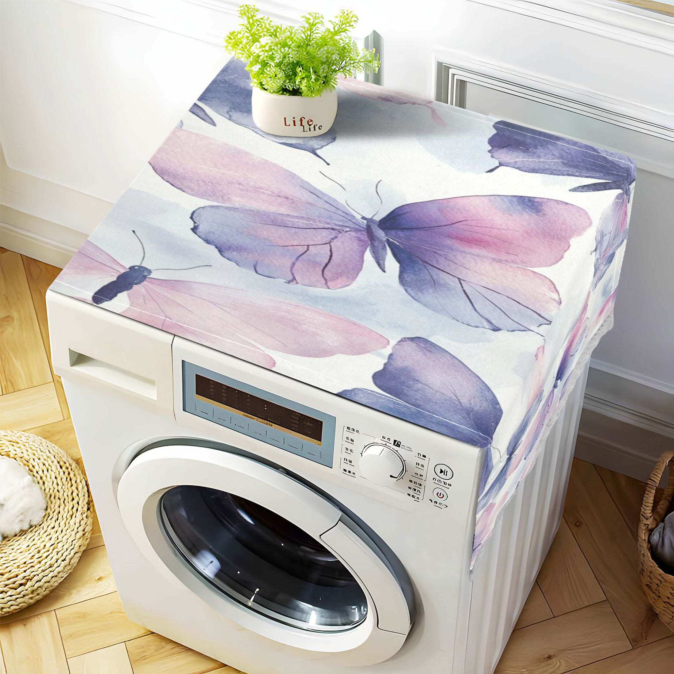 Purple ButterflyWasher and Dryer Covers Dust-Proof and Oil Resistant Fridge Cover with 4 Storage Pockets Washing Machine Top Cover for Laundry Kitchen Home 51.2 x 22 In