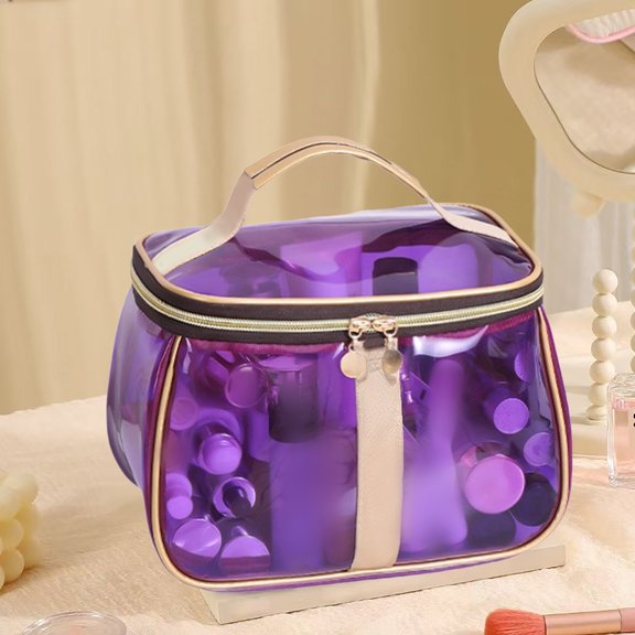 Purple C Makeup Bag - New Vintage Transparent Makeup Bag with Handle - Large Capacity Waterproof Cosmetic Case - Beauty Care Storage Bag & Travel Organizer, Ideal for Storage, Travel, Business Trips