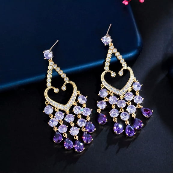 Purple CZ Round Charms Long Dangle Tassel Drop Chandelier Gold Jewelry for Party