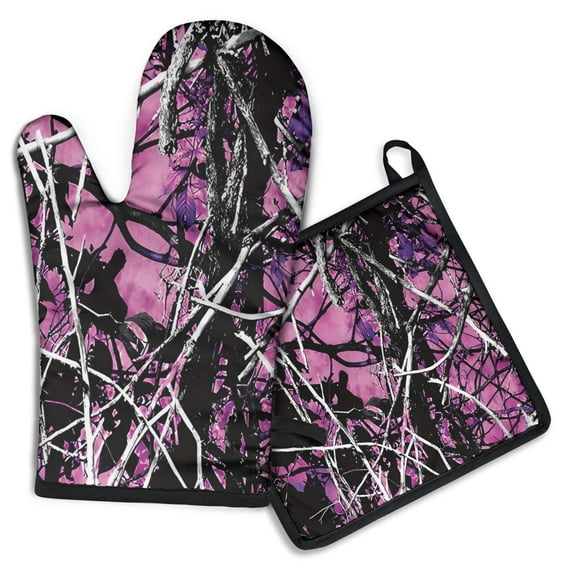 Purple Camo Tree Branch Pattern Kitchen Oven Mitt and Pot Holder Sets 2 Pcs for Baking, Cooking and Grilling, Heat Resistant Up To 392 °F