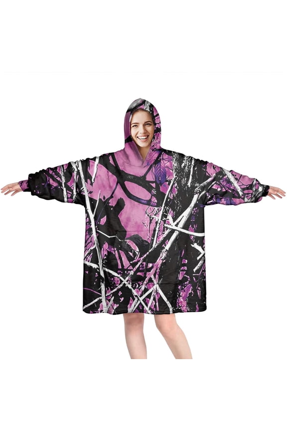 Purple Camo Tree Branch Pattern Wearable Oversized Blanket,Wearable Blanket Hoodie for Adults,Cozy Hooded Blankets with Super Pockets,Super Warm Fuzzy Pullover for Women & Men