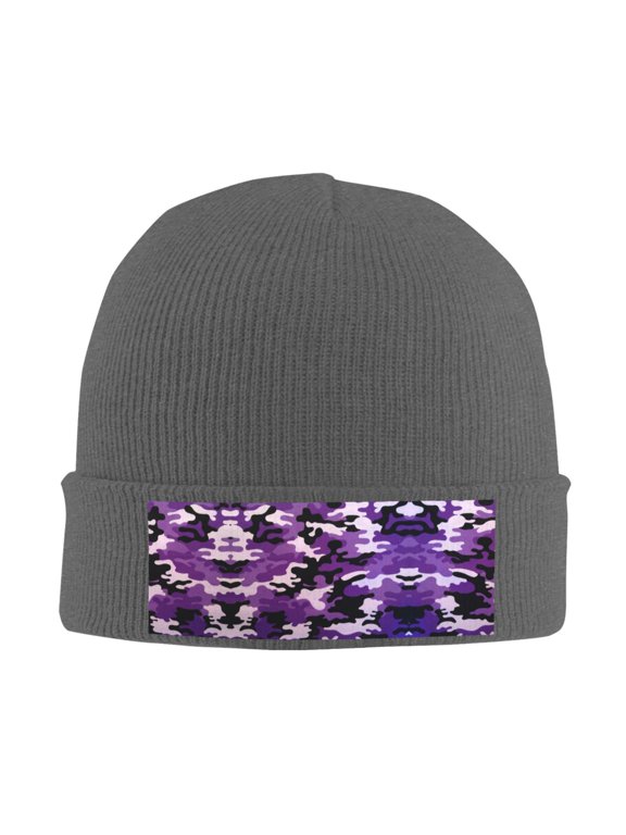 Purple Camouflage Winter Beanie Hats for Men Women Warm Cozy Knitted Cuffed Skull Cap Deep Heather