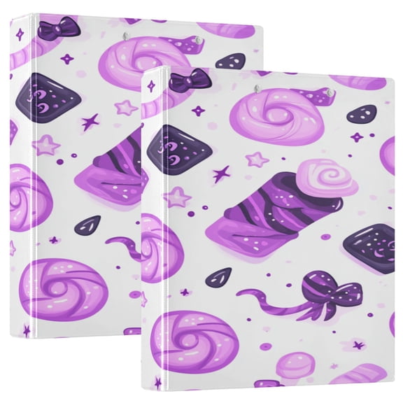Purple Candy Pattern 12.4x10.6in PVC Round Ring Binders, 2-Pack, D-Ring 3-Hole, Metal Clip