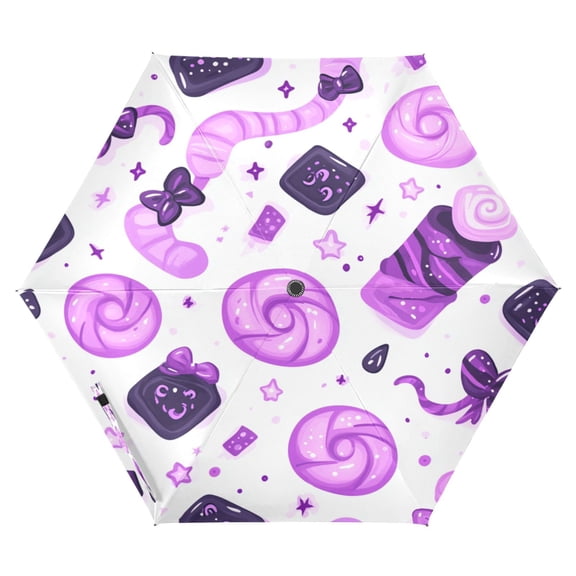 Purple Candy Pattern Folding Umbrella UV50+ Waterproof Sun Protection Auto Open Close Compact Fiberglass Frame