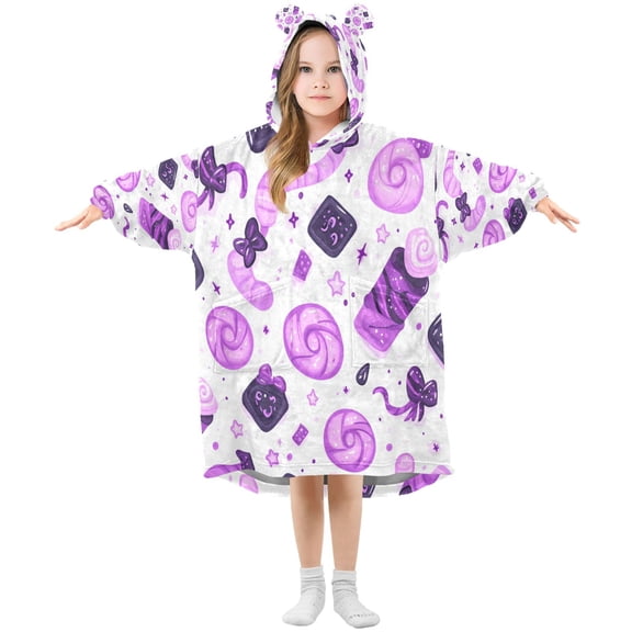 Purple Candy Pattern Wearable Blankets Hoodie Oversize Sherpa Wearable Soft Blanket Warm Cozy 3-14 Age